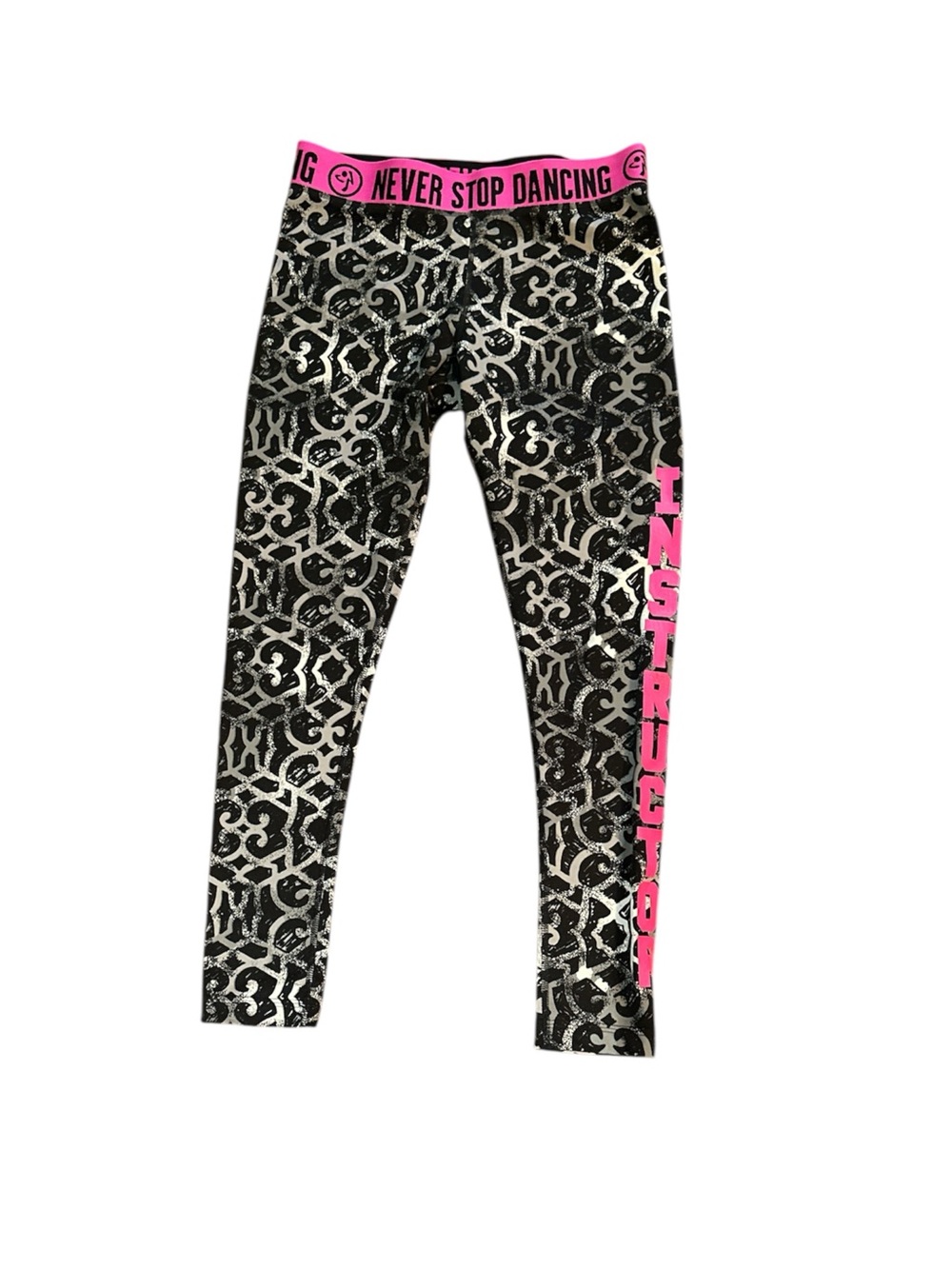 Zumba Fitness Black Patterned Leggings with Pink Waistband instructor